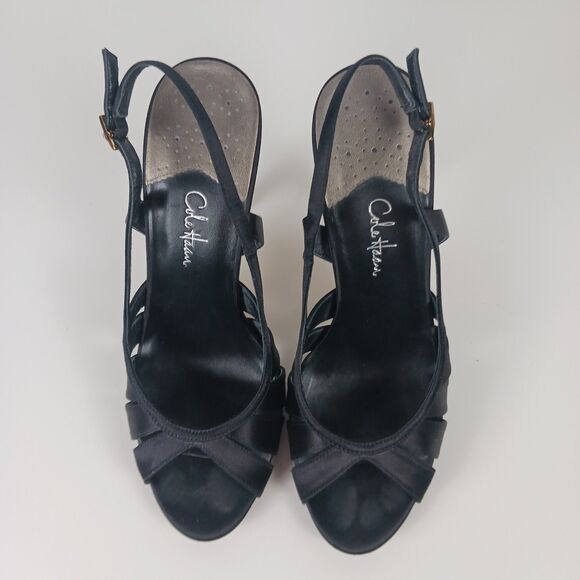Cole Haan Sari Air Sling Black Satin Size 8.5 Open Toe Heels Air Tech Footbed - Picture 2 of 16